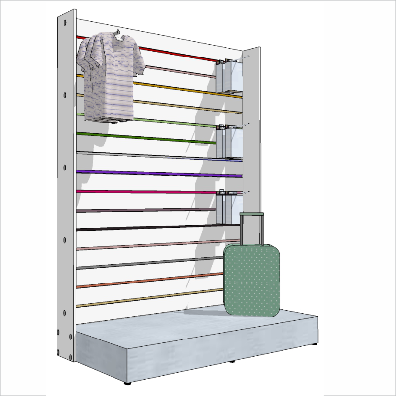 Podium Vitrine, painel Canaletado, Base e Molduras.